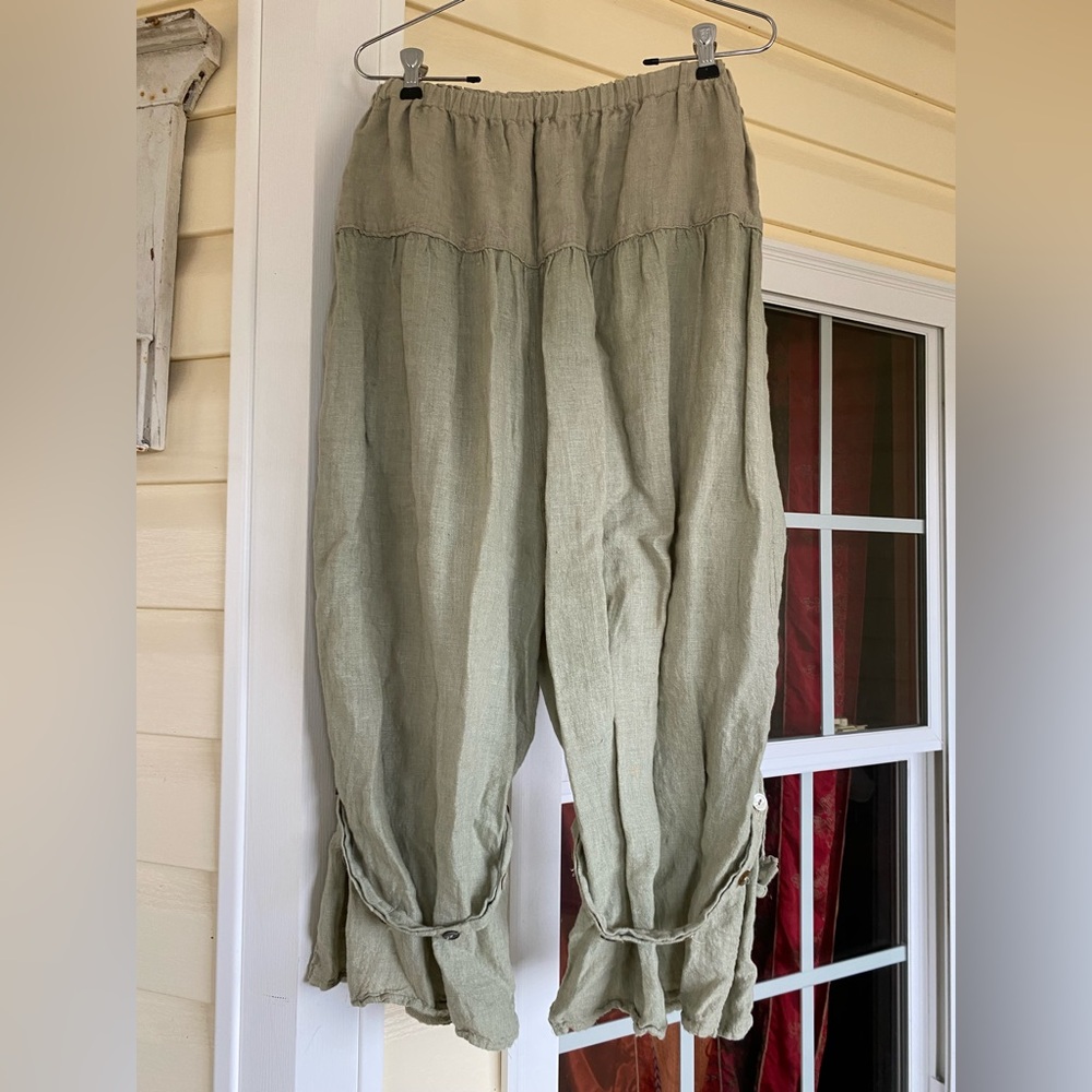 Magnolia Pearl Sage Olive Linen Balloon Pants with Button Tab Cuffs